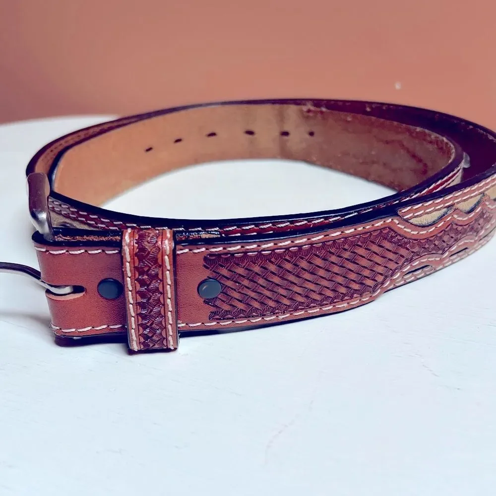 Men’s Leather & Suede Size 42 Handtooled Belt Silver Buck Medallion Accents